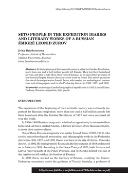 Seto People in the Expedition Diaries and Literary Works of a Russian Émigré Leonid Zurov