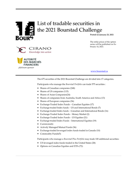 List of Tradable Securities in the 2021 Bourstad Challenge Posted on January 25, 2021