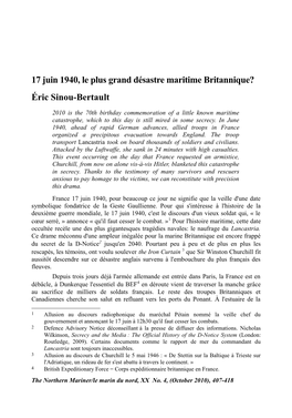 17 Juin 1940, Le Plus Grand Désastre Maritime Britannique? Éric Sinou-Bertault