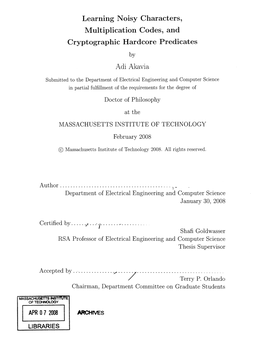 Learning Noisy Characters, Multiplication Codes, and Cryptographic Hardcore Predicates by Adi Akavia