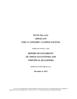 Wynn Ma, Llc Applicant for a Category 1 Gaming License