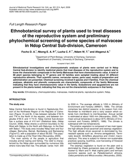 Ethnobotanical Survey of Plants Used to Treat Diseases of the Reproductive