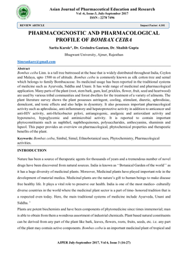 PHARMACOGNOSTIC and PHARMACOLOGICAL PROFILE of BOMBAX CEIBA Sarita Karole*, Dr