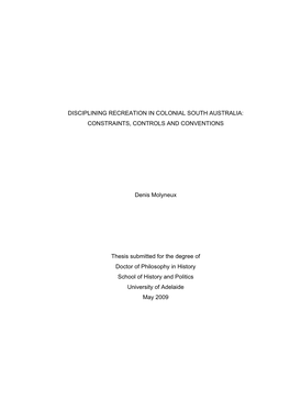 Disciplining Recreation in Colonial South Australia: Constraints, Controls and Conventions