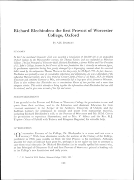 Richard Blechinden: the First Provost of Worcester College, Oxford