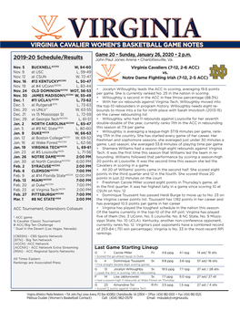 Virginia Cavalier Women's Basketball Game Notes