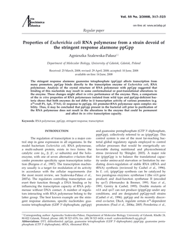 Properties of Escherichia Coli RNA Polymerase from a Strain Devoid of the Stringent Response Alarmone Ppgpp