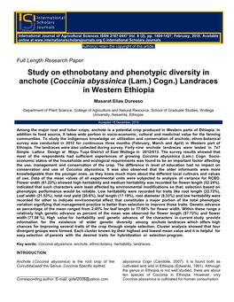 Study on Ethnobotany and Phenotypic Diversity in Anchote (Coccinia Abyssinica (Lam.) Cogn.) Landraces in Western Ethiopia
