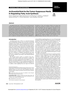 An Essential Role for the Tumor-Suppressor Merlin in Regulating Fatty Acid Synthesis Dina S