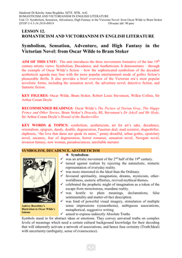Symbolism, Sensation, Adventure, and High Fantasy in the Victorian Novel: from Oscar Wilde to Bram Stoker