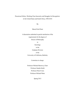 Precarious Politics: Working Class Insecurity and Struggles for Recognition in the United States and South Africa, 1994-2010