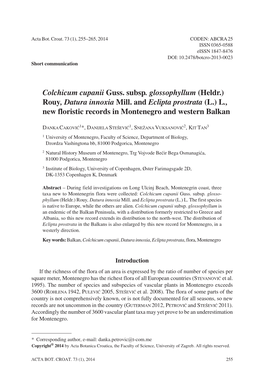 Colchicum Cupanii Guss. Subsp. Glossophyllum (Heldr.) Rouy, Datura Innoxia Mill. and Eclipta Prostrata (L.) L., New Floristic Records in Montenegro and Western Balkan