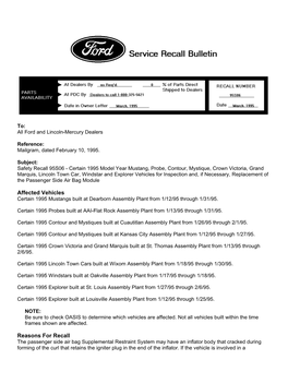 Affected Vehicles Reasons for Recall