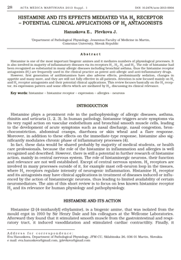 HISTAMINE and ITS EFFECTS MEDIATED VIA H3 RECEPTOR – POTENTIAL CLINICAL APPLICATIONS of H3 ANTAGONISTS Hanuskova E., Plevkova J