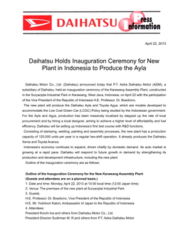 Apr. 22, 2013 Overseas Daihatsu Holds Inauguration Ceremony For