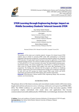 STEM Learning Through Engineering Design: Impact on Middle Secondary Students’ Interest Towards STEM