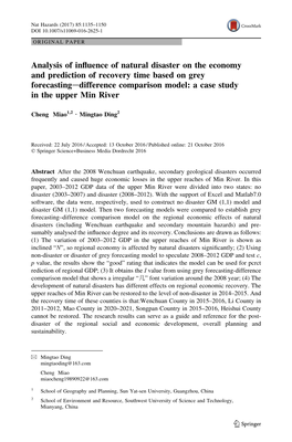 Analysis of Influence of Natural Disaster on the Economy and Prediction of Recovery Time Based on Grey Forecasting–Difference