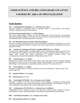 Food Science and Related Graduate Level Courses by Area of Specialization