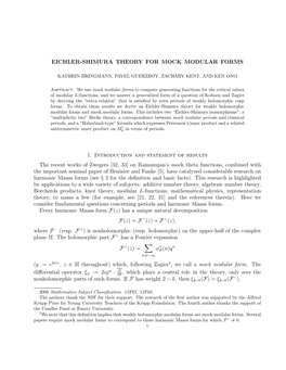 EICHLER-SHIMURA THEORY for MOCK MODULAR FORMS 1. Introduction and Statement of Results the Recent Works of Zwegers