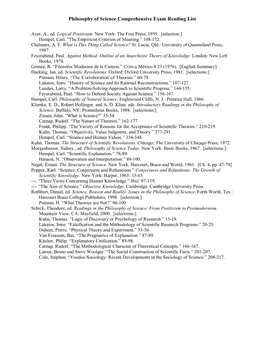 Philosophy of Science Comprehensive Exam Reading List