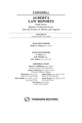 ALBERTA LAW REPORTS Sixth Series Reports of Selected Cases from the Courts of Alberta and Appeals