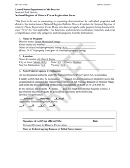 United States Department of the Interior National Park Service National Register of Historic Places Registration Form