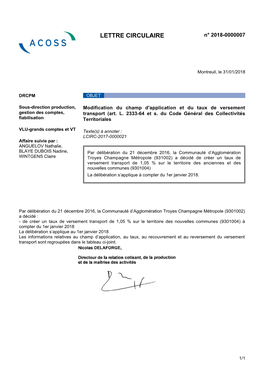 LETTRE CIRCULAIRE N° 2018-0000007