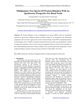 Multipurpose Tree Species of Western Himalaya with an Agroforestry Prospective for Rural Needs