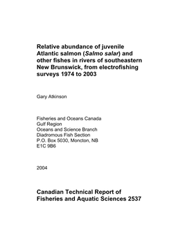 Salmo Salar) and Other Fishes in Rivers of Southeastern New Brunswick, from Electrofishing Surveys 1974 to 2003