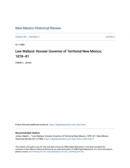 Lew Wallace: Hoosier Governor of Territorial New Mexico, 1878–81