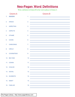 Neo-Pagan Word Definitions Write a Definition in Column B for the Word Or Phrase in Column A