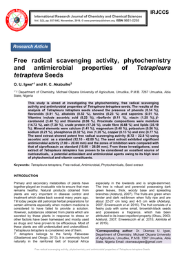 Free Radical Scavenging Activity, Phytochemistry and Antimicrobial Properties of Tetrapleura Tetraptera Seeds