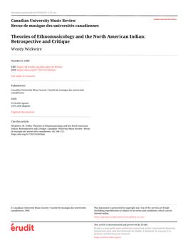 Theories of Ethnomusicology and the North American Indian: Retrospective and Critique Wendy Wickwire