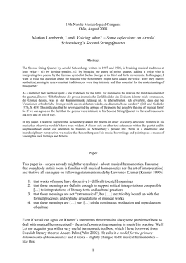 Marion Lamberth, Lund: Voicing What? – Some Reflections on Arnold Schoenberg’S Second String Quartet