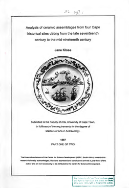 Analysis of Ceramic Assemblages from Four Cape Historical Sites Dating from the Late Seventeenth Century to the Mid-Nineteenth Century