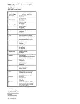 18Th Asian Squash Team Championships 2016 Men's Team