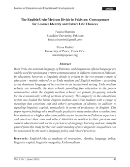 The English/Urdu-Medium Divide in Pakistan: Consequences for Learner Identity and Future Life Chances