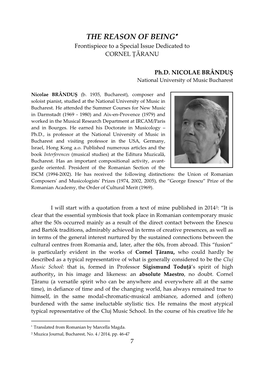 THE REASON of BEING1 Frontispiece to a Special Issue Dedicated to CORNEL ȚĂRANU