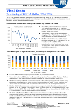 Vital Stats Functioning of 16Th Lok Sabha (2014-2019)