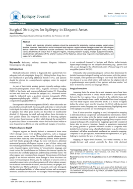 Surgical Strategies for Epilepsy in Eloquent Areas John D Rolston* Department of Neurological Surgery, University of California, San Francisco, CA, USA
