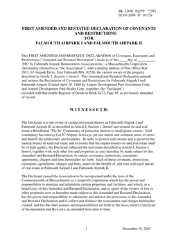 First Amended and Restated Declaration of Covenants and Restrictions for Falmouth Airpark I and Falmouth Airpark Ii W I T N