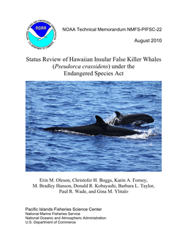 Status Review of Hawaiian Insular False Killer Whales (Pseudorca Crassidens) Under the Endangered Species Act
