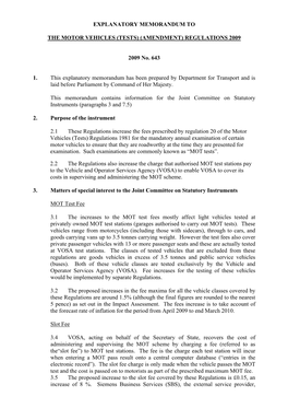 Explanatory Memorandum to the Motor Vehicles (Tests