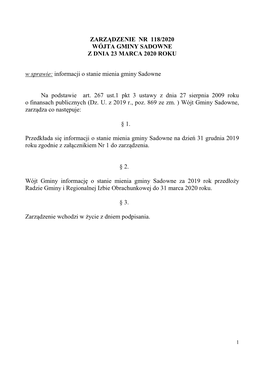 Zarządzenie Nr 118/2020 Wójta Gminy Sadowne Z Dnia 23 Marca 2020 Roku