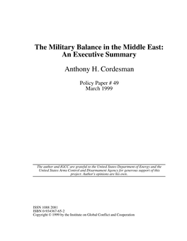 The Military Balance in the Middle East: an Executive Summary Anthony H