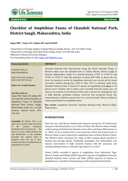 Checklist of Amphibian Fauna of Chandoli National Park, District Sangli, Maharashtra, India