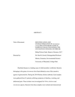 IDENTIFICATION and CHARACTERIZATION of Aeromonas Caviae ISOLATED from CLINICAL SAMPLES COLLECTED DURING the 2010 HAITIAN CHOLERA OUTBREAK