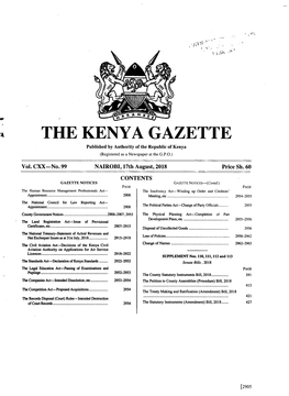 THE KENYA GAZETTE Published by Authority of the Republic of Kenya (Registered As a Newspaper at the G.P.O.)