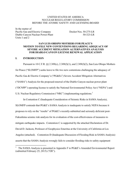 San Luis Obispo Mothers for Peace's Motion to File New Contentions Regarding Adequacy of Severe Accident Mitigation Alternat