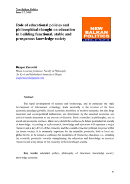 Role of Educational Policies and Philosophical Thought on Education in Building Functional, Stable and Prosperous Knowledge Society